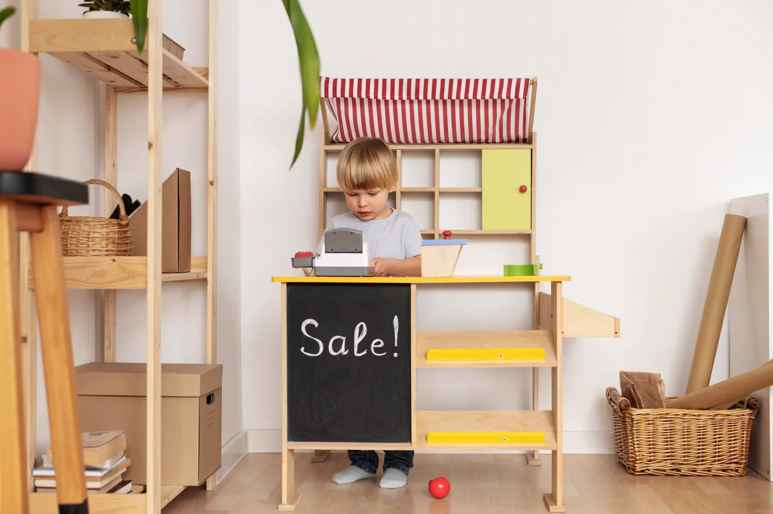 full shot kid playing with wooden toys scaled